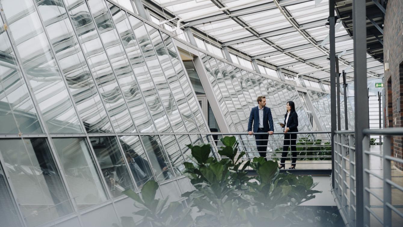 Two coworkers in suits speak on an internal bridge