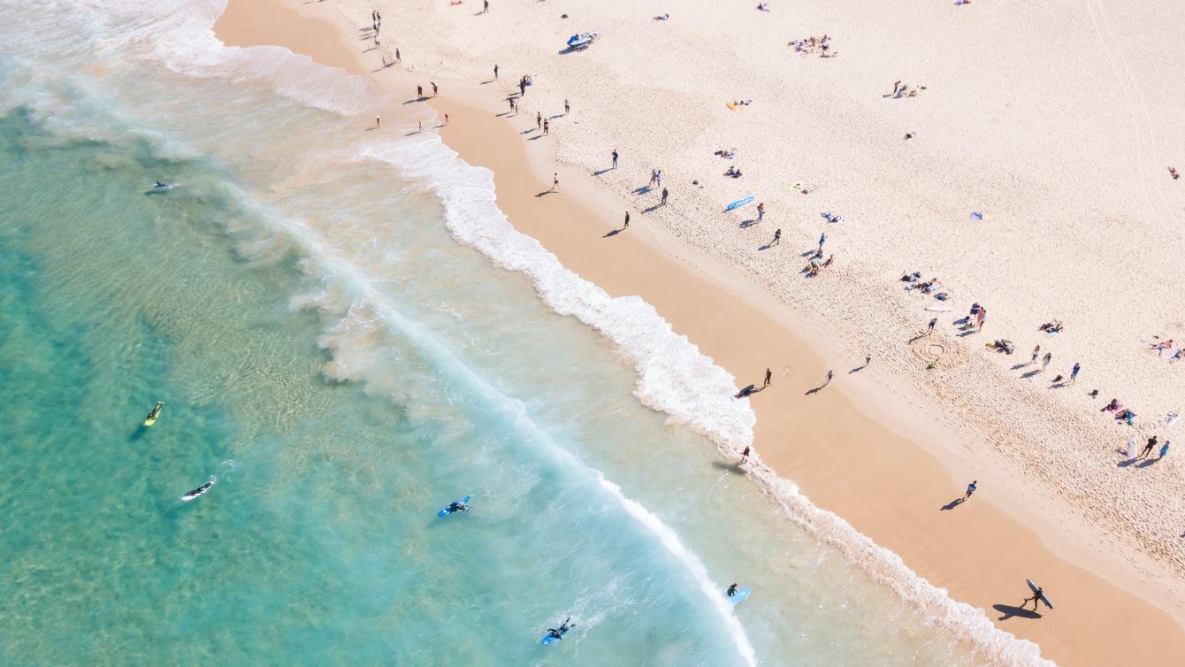 Aerial view of surfers and people at beach