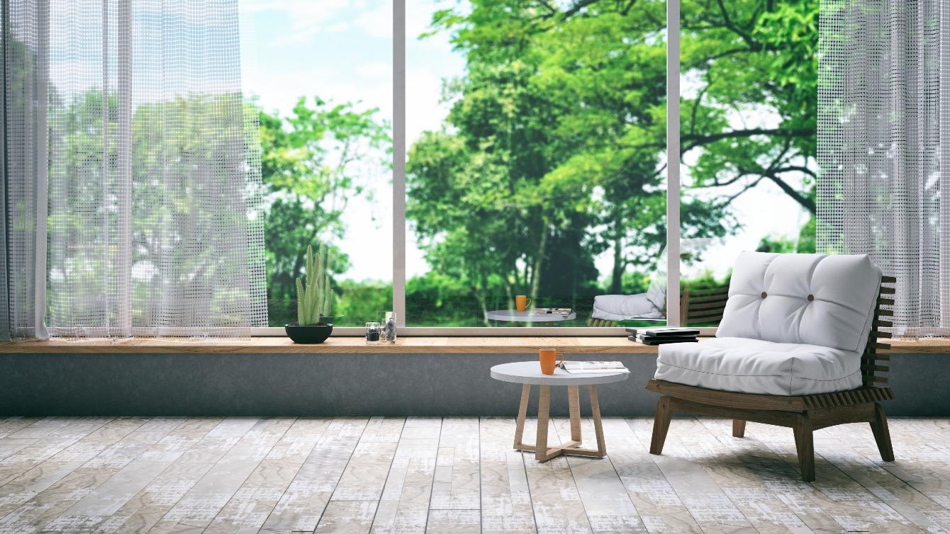 View out of a home window with greenery. Shot from inside with a chair and table